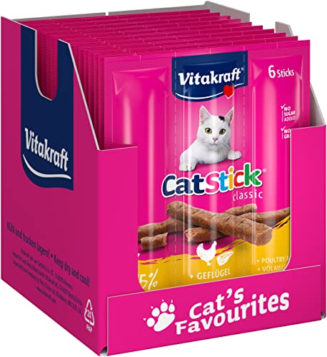 Vitakraft Cat Stick Classic, Katzensnacks, fleischige Mini-Sticks, mit Geflügel und Leber, in Vorratsgröße, ohne Zusatz von Zucker und Getreide (10x 36g) von Vitakraft