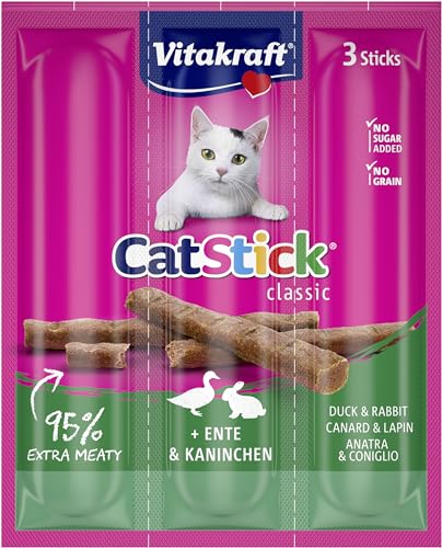 Vitakraft Cat Stick Classic, mit Ente und Kaninchen, Katzensnack, fleischige Mini-Sticks, einzeln verpackt, ohne Zuckerzusatz (3X 6g) (Packung mit 10) von Vitakraft