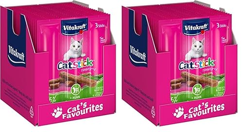 Vitakraft Cat Stick Healthy, Katzensnack, fleischige Mini-Sticks, mit Huhn und Katzengras, zur Unterstützung der Verdauung, in Vorratsgröße, ohne Zusatz von Zucker (20x 3 Stück) (Packung mit 2) von Vitakraft