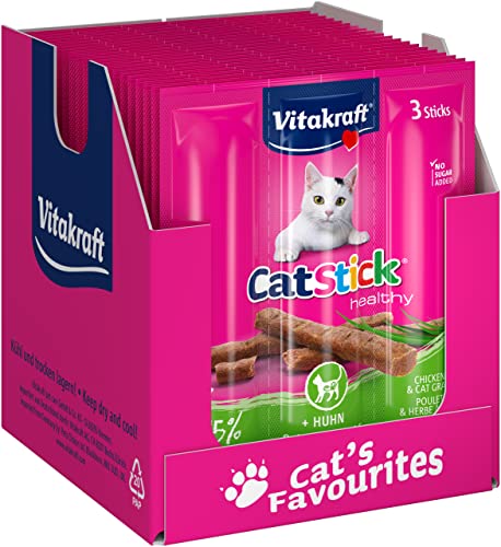 Vitakraft Cat Stick Healthy, Katzensnack, fleischige Mini-Sticks, mit Huhn und Katzengras, zur Unterstützung der Verdauung, in Vorratsgröße, ohne Zusatz von Zucker (20x 3 Stück) von Vitakraft