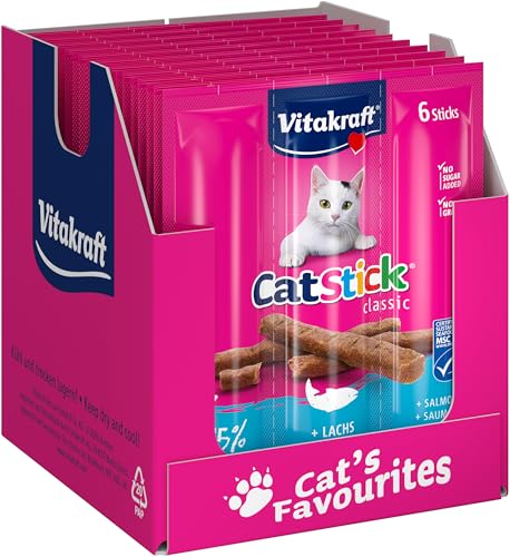 Vitakraft Cat Stick Classic, Katzensnack, fleischige Mini-Sticks, mit Lachs, in Vorratsgröße, ohne Zusatz von Zucker und Getreide (10x 36g) von Vitakraft