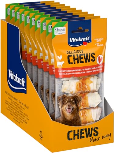 Vitakraft Chews, Hundesnack, Kauknoten zur Belohnung, aus getrockneter Rinderhaut, umwickelt mit Hühnchenfleisch, fettarm, ohne Zusatz von Zucker und Getreide (10x70g) von Vitakraft