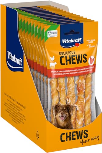 Vitakraft Chews, Hundesnack, Kaurolle zur Belohnung, aus getrockneter Rinderhaut, umwickelt mit Hühnchenfleisch, fettarm, für mittelgroße Hunde, ohne Zusatz von Getreide (15x 90g) von Vitakraft