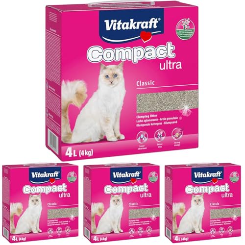 Vitakraft Compact Ultra, Katzenstreu, klumpendes Streu, saubere und einfache Entfernung (1x 4kg) (Packung mit 4) von Vitakraft