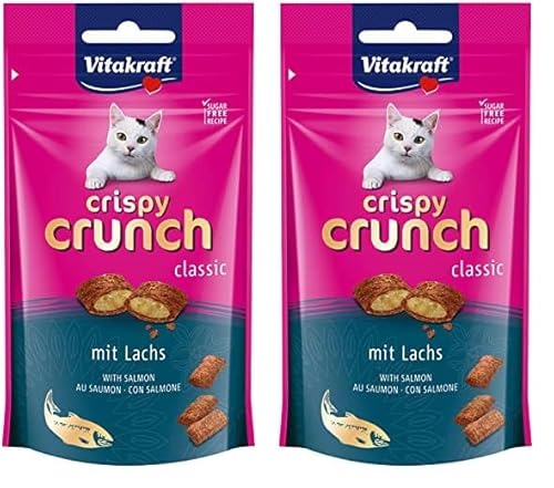 Vitakraft Crispy Crunch, knusprige Snackkissen gefüllt mit Lachs, Katzensnack, zuckerfrei (1x 60g) (Packung mit 2) von Vitakraft