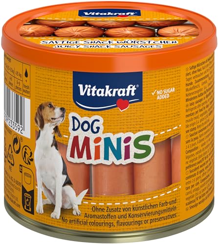 Vitakraft Dog Minis, Hundeleckerli getreidefrei, Würstchen, Belohnung für zwischendurch, mit Geflügel, gewürzreduziert, in wiederverschließbarer Dose, ohne Zusatz von Zucker (1x 120g) von Vitakraft