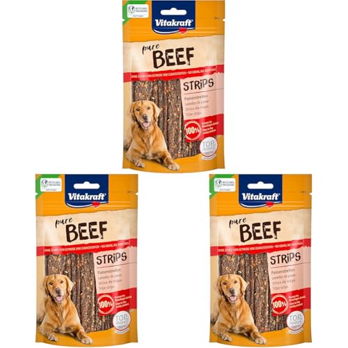 Vitakraft Fleischsnacks, Beef Strips, Pansenstreifen, Hundeleckerli getreidefrei, mit Pansen, im wiederverschließbaren Beutel, ohne Zusatz von Zucker (1x 80g) (Packung mit 3) von Vitakraft