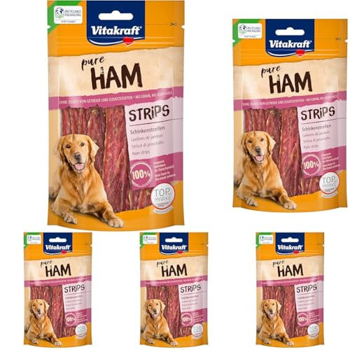 Vitakraft Fleischsnacks, Ham Strips, Schinkenstreifen, Hundeleckerli getreidefrei, im wiederverschließbaren Beutel, ohne Zusatz von Zucker (1x 80g) (Packung mit 5) von Vitakraft