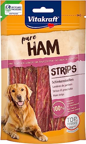 Vitakraft Fleischsnacks, Ham Strips, Schinkenstreifen, Hundeleckerli getreidefrei, im wiederverschließbaren Beutel, ohne Zusatz von Zucker (1x 80g) von Vitakraft