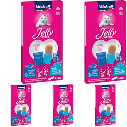 Vitakraft Jelly Lovers, Katzensnack, mit Lachs und Scholle, im Vorratspack, ohne Zusatz von Zucker und Getreide (1 Paket mit 6X 15g) (Packung mit 5) von Vitakraft