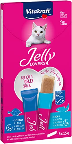 Vitakraft Jelly Lovers, Katzensnack, mit Lachs und Scholle, im Vorratspack, ohne Zusatz von Zucker und Getreide (1 Paket mit 6x 15g) von Vitakraft