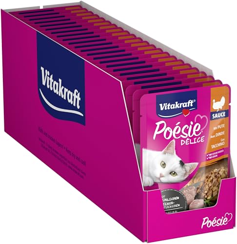 Vitakraft Poésie Délice, Nassfutter für Katzen, mit saftiger Putenbrust in Sauce, für ausgewachsene Katzen, 23 Portionsbeutel, ohne Zusatz von Zucker und Getreide (23x 85g) von Vitakraft