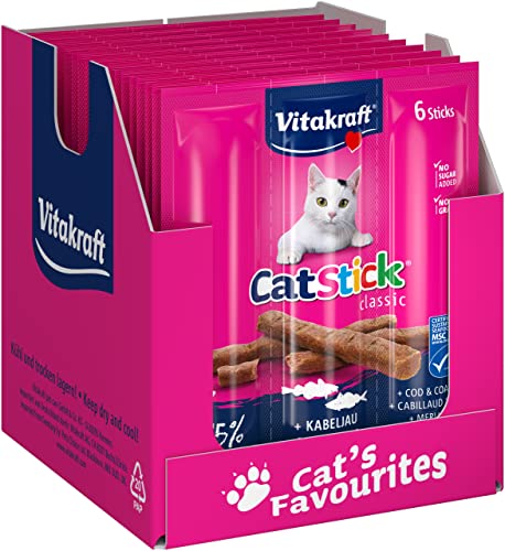 Vitakraft Cat Stick Classic, Katzensnacks, fleischige Katzensticks, mit Kabeljau und Seelachs, in Vorratsgröße, ohne Zuckerzusatz (10x 6 Stück) von Vitakraft