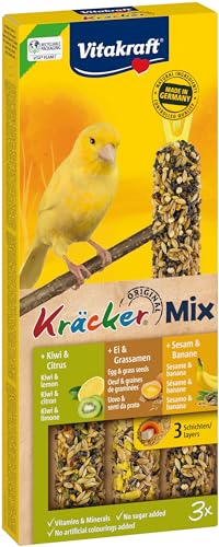 Vitakraft Kräcker Mix, Vogelsnack, für Kanarienvögel, Knabberstangen, mit Ei und Grassamen, mit Kiwi und Citrus, mit Banane und Sesam, ohne Zusatz von Zucker (1x 3 Stück) von Vitakraft