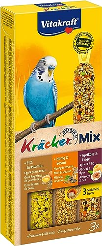 Vitakraft Kräcker Mix, Vogelsnack, für Wellensittiche, Knabberstangen, mit Ei und Grassamen, mit Aprikose und Feige, mit Honig und Sesam, ohne Zusatz von Zucker (1x 3 Stück) von Vitakraft