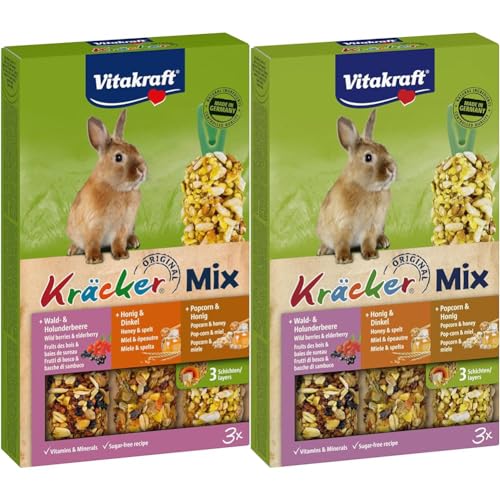 Vitakraft Kräcker Trio, Nagersnack, für Zwergkaninchen, mit Waldbeere, mit Honig, mit Popcorn (1x 3 Stück) (Packung mit 2) von Vitakraft