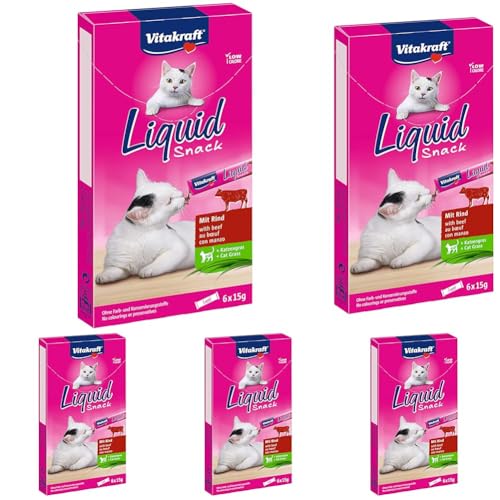 Vitakraft Liquid Snack, Katzensnack flüssig, Katzenleckerli, mit Rind und Katzengras, zur Unterstützung der gesunden Darmflora, kalorienarm (1 Paket mit 6X 15g) (Packung mit 5) von Vitakraft