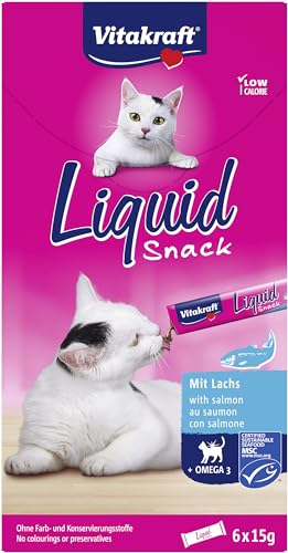 Vitakraft Liquid Snack, Katzensnack flüssig, mit MSC-Lachs, Katzenleckerlies, mit Omega3 Fettsäuren, für gesunde Haut, kalorienarm (1x 6 Stück) (Packung mit 10) von Vitakraft