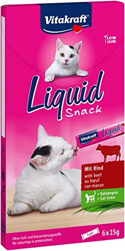 Vitakraft Liquid Snack, Katzensnack flüssig, Katzenleckerli, mit Rind und Katzengras, zur Unterstützung der gesunden Darmflora, kalorienarm (1 Paket mit 6x 15g) von Vitakraft