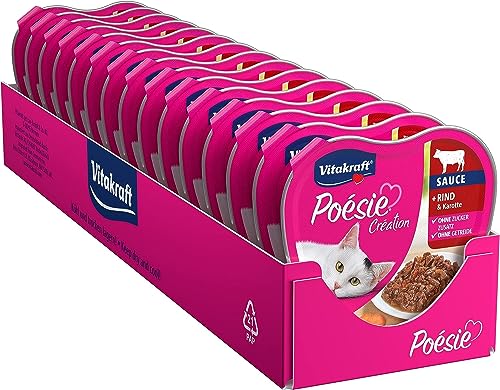 Vitakraft Poésie Création, Nassfutter für Katzen, mit Rind, mit Karotte, Häppchen in feiner Sauße, für ausgewachsene Katzen, ohne Zusatz von Zucker und Getreide (15x 85g) von Vitakraft