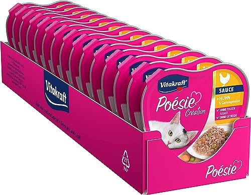 Vitakraft Poésie Création, Huhn und Gartengemüse, in Sauce, Nassfutter für Katzen, für ausgewachsene Katzen, ohne Zusatz von Zucker und Getreide (15x 85g) von Vitakraft