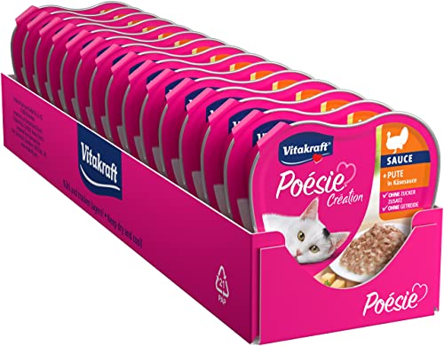 Vitakraft Poésie Création, Nassfutter für Katzen, mit Pute in Käsesauce, Häppchen in feiner Sauße, für ausgewachsene Katzen, ohne Zusatz von Zucker und Getreide (15x 85g) von Vitakraft