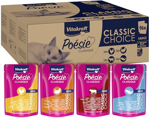 Vitakraft Poésie Classique, Nassfutter für Katzen, Grosspackung mit 96 Beuteln, mit Huhn, mit Truthahn, mit Rind, mit Lachs mit MSC-Siegel, ohne Zusatz von Zucker und Getreide (1 Paket mit 96x 85g) von Vitakraft