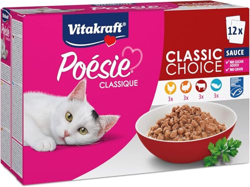 Vitakraft Poésie Classique, Katzenfutter nass, im Multipack, mit Huhn, Truthahn und Rind, mit Lachs mit MSC-Siegel, ohne Zusatz von Zucker und Getreide, Vorratsgröße (1 Paket mit 12x 85g) von Vitakraft