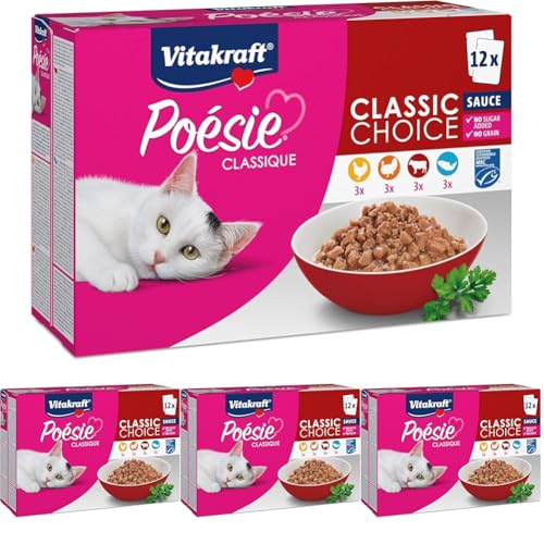 Vitakraft Poésie Classique, Nassfutter für Katzen, im Multipack, mit Huhn, Truthahn und Rind, mit Lachs mit MSC-Siegel, ohne Zusatz von Zucker und Getreide, Vorratsgröße (1 Paket mit 12x 85g) von Vitakraft