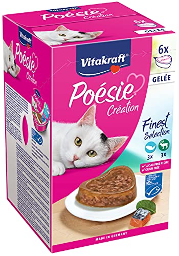 Vitakraft Poésie Création, Finest Selection, Nassfutter für Katzen, mit Lachs und Spinat, Häppchen in Gelée, für ausgewachsene Katzen, ohne Zusatz von Zucker und Getreide (1 Paket mit 6x 85g) von Vitakraft