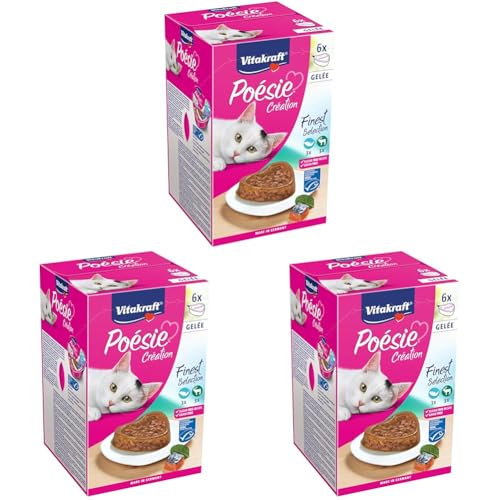 Vitakraft Poésie Création, Finest Selection, Nassfutter für Katzen, mit Lachs und Spinat, Häppchen in Gelée, für ausgewachsene Katzen, ohne Zusatz von Zucker und Getreide (1 Paket mit 6X 85g) von Vitakraft