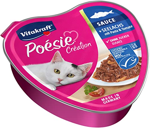 Vitakraft Poésie Création, Nassfutter für Katzen, mit Seelachs und Spinat und Tomate, Häppchen in Sauce, für ausgewachsene Katzen, ohne Zusatz von Zucker (1x 85g) von Vitakraft