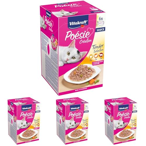 Vitakraft Poésie Création, Tender Selection, Katzenfutter nass, mit Fleisch, in Sauce, für ausgewachsene Katzen, ohne Zusatz von Zucker und Getreide (1 Paket mit 6X 85g) (Packung mit 4) von Vitakraft