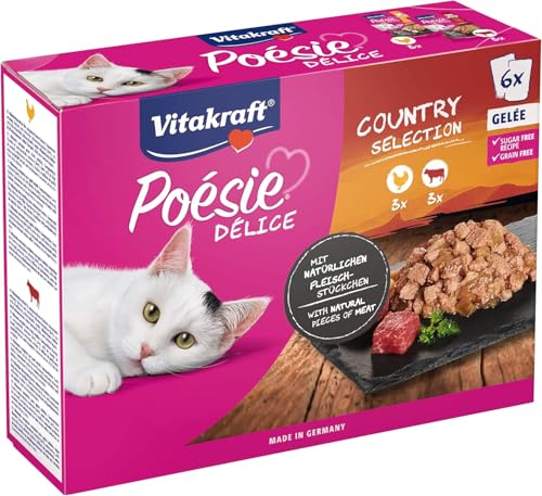 Vitakraft Poésie Délice, Country Selection, Nassfutter für Katzen, im Multipack, in köstlichem Gelée, mit Huhn und Rind, in Vorratsgröße (1 Paket mit 6x 85g) von Vitakraft