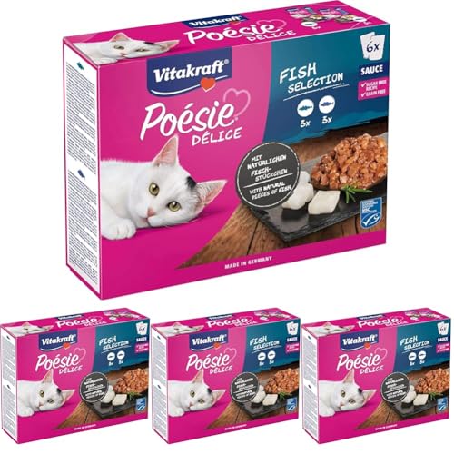 Vitakraft Poésie Délice, Fish Selection, Katzenfutter nass, in Sauce, mit Fisch, für ausgewachsene Katzen, ohne Zusatz von Zucker und Getreide (1 Paket mit 6X 85g) (Packung mit 4) von Vitakraft