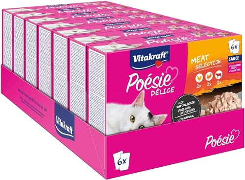 Vitakraft Poésie Délice, Katzenfutter nass, Multipack, in feiner Soße, mit Huhn, Pute und Rind, für ausgewachsene Katzen, ohne Zusatz von Zucker und Getreide, als Vorratsgröße 7x (510g) von Vitakraft