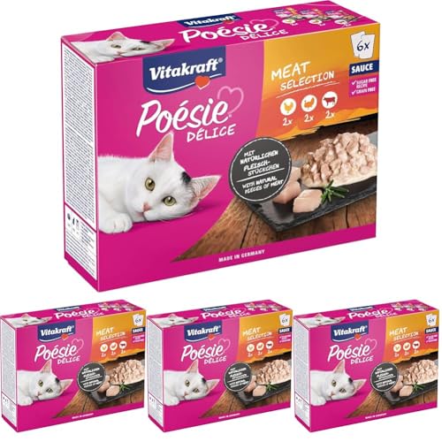 Vitakraft Poésie Délice, Meat Selection, Katzenfutter nass, in Sauce, mit Huhn, mit Rind, mit Pute in Vorratsgröße (1 Paket mit 6X 85g) (Packung mit 4) von Vitakraft