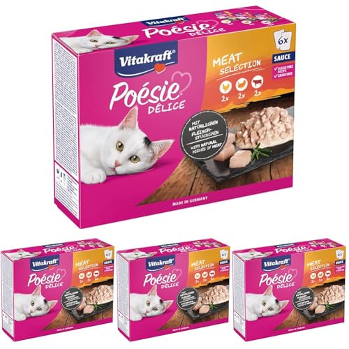 Vitakraft Poésie Délice, Meat Selection, Katzenfutter nass, in Sauce, mit Huhn, mit Rind, mit Pute in Vorratsgröße (1 Paket mit 6X 85g) (Packung mit 4) von Vitakraft