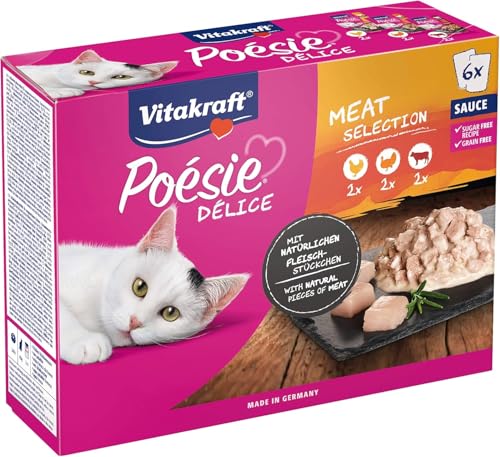 Vitakraft Poésie Délice, Meat Selection, Katzenfutter nass, in Sauce, mit Huhn, mit Rind, mit Pute in Vorratsgröße (1 Paket mit 6x 85g) von Vitakraft