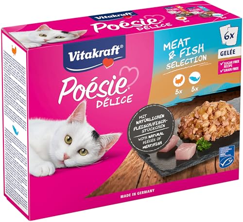 Vitakraft Poésie Délice, Meat and Fish Selection, Nassfutter für Katzen, in Gelée, mit Putenbrust und Lachs, für ausgewachsene Katzen, ohne Zusatz von Zucker und Getreide (1 Paket mit 6x 85g) von Vitakraft