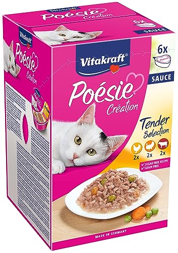 Vitakraft Poésie Création, Tender Selection, Katzenfutter nass, mit Fleisch, in Sauce, für ausgewachsene Katzen, ohne Zusatz von Zucker und Getreide (1 Paket mit 6x 85g) von Vitakraft