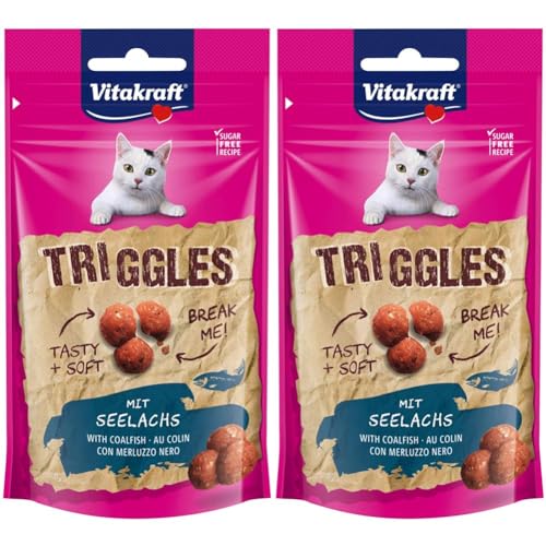 Vitakraft Triggles, Katzensnack, mit Seelachs, portionierbar in DREI Häppchen, ideal als Belohnung oder Training, ohne Zuckerzusatz (1x 40g) (Packung mit 2) von Vitakraft