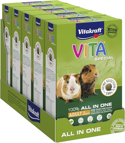 Vitakraft Vita Special Adult, Hauptfutter für Meerschweinchen, mit Gräsern und Kräutern, geringer Calciumgehalt, für gesundes Fell, ohne Zusatz von Zucker und Getreide (5 x 600 g) von Vitakraft