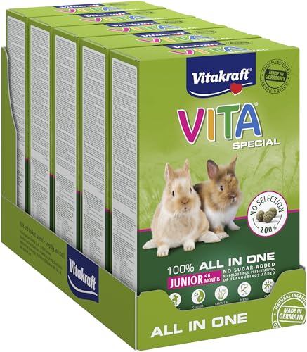 Vitakraft Vita Special Junior, Hauptfutter für Junge Zwergkaninchen, mit Gräsern und Kräutern, für eine optimale Verdauung, ohne Zusatz von Zucker und Getreide (5 x 600 g) von Vitakraft