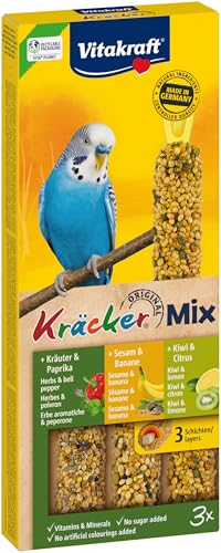 Vitakraft Kräcker Mix, Vogelsnack, für Wellensittiche, Knabberstangen, mit Kräutern und Paprika, mit Kiwi und Citrus, mit Banane und Sesam, ohne Zusatz von Zucker (1x 3 Stück) von Vitakraft