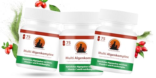 Vitalpfoten 3x75 Multi Algenkomplex Kapseln für Hunde und Katzen mit Chlorella, Spirulina, Grünlippmuschel, Eisen, Vitamin C & Vitamin B nutrikomplex - Energie & Nerven - Vitamin-B und Eisentabletten von Vitalpfoten