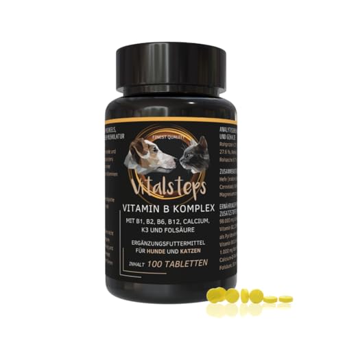 Vitalsteps Vitamin B Komplex | Vitamin B1, B2, B3, B5, B6, B9, B12, Calcium, Folsäure und Vitamin K für Hund u. Katze ca. 100 Tabletten von Vitalsteps