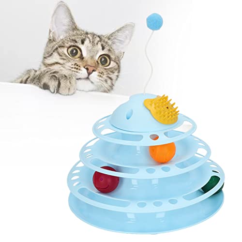 Vitdipy Katzen-Drehteller-Spielzeug, 4 Ebenen, abnehmbares, lustiges, interaktives, stabiles Kätzchen-Turm-Rollspielzeug mit Plüschball für Haustierkatzen (Blau) von Vitdipy