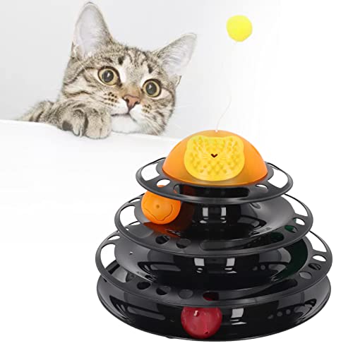 Vitdipy Katzen-Drehteller-Spielzeug, 4 Ebenen, abnehmbares, lustiges, interaktives, stabiles Kätzchen-Turm-Rollspielzeug mit Plüschball für Haustierkatzen (Schwarz) von Vitdipy