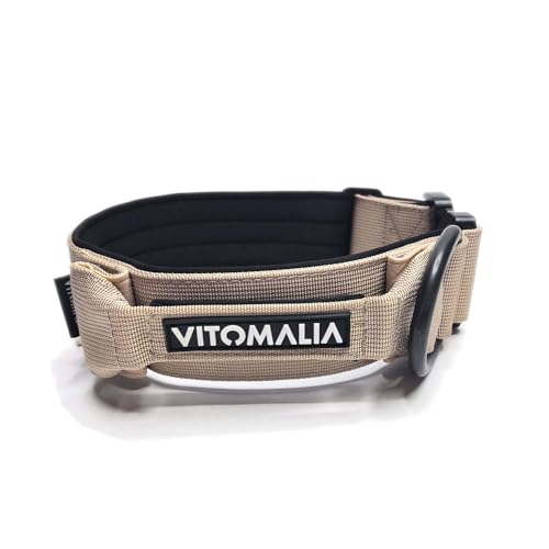 VITOMALIA® Taktisches Hundehalsband, 3 cm Breit: Stabiles Nylon, Magnet Handgriff, Sicherheitsschnalle, Hundehalsband kleine Hunde (Beige, 3cm/M = 40cm-50cm) von Vitomalia